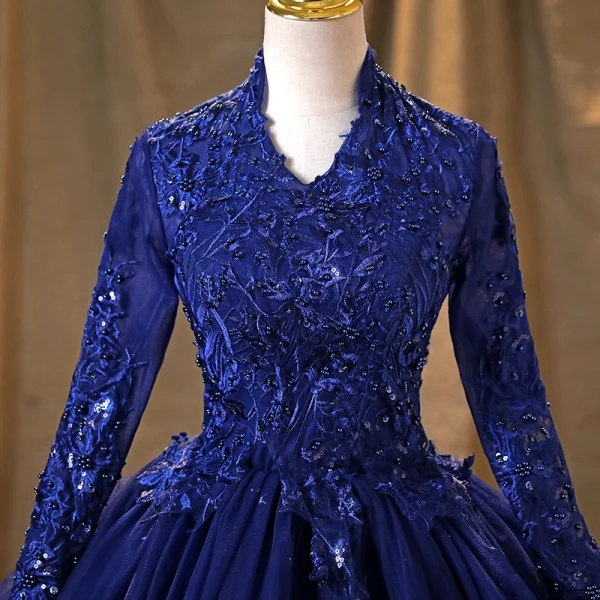 Vintage / Retro Navy Blue Pearl Sequins Lace Flower Prom Dresses 2022 Ball Gown High Neck Cascading Ruffles Long Sleeve Backless Beading Floor-Length / Long