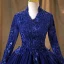 Vintage / Retro Navy Blue Pearl Sequins Lace Flower Prom Dresses 2022 Ball Gown High Neck Cascading Ruffles Long Sleeve Backless Beading Floor-Length / Long