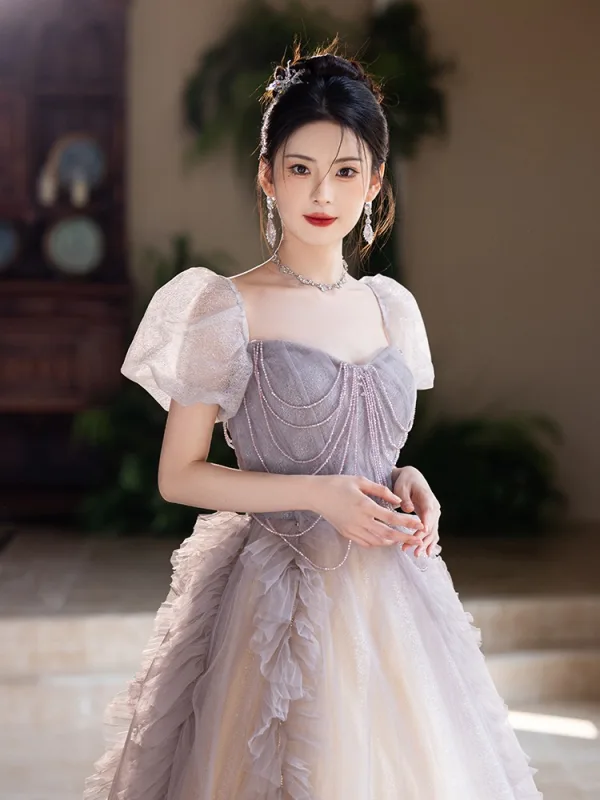 Elegant Grey Beading Prom Dresses 2025 A-Line / Princess Square Neckline Puffy Short Sleeve Backless Floor-Length / Long Prom Formal Dresses