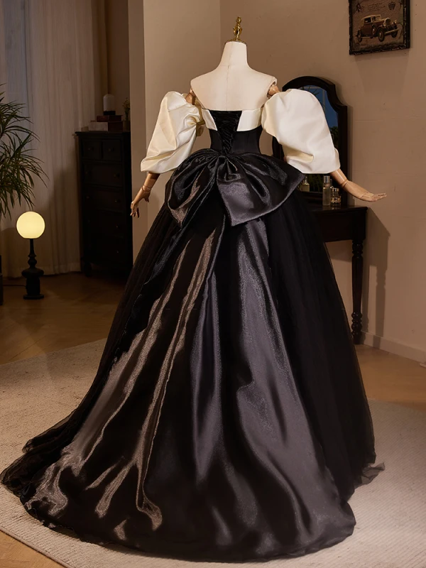 Audrey Hepburn Style Black Prom Dresses 2024 Ball Gown Strapless Puffy Short Sleeve Backless Bow Floor-Length / Long Prom Formal Dresses