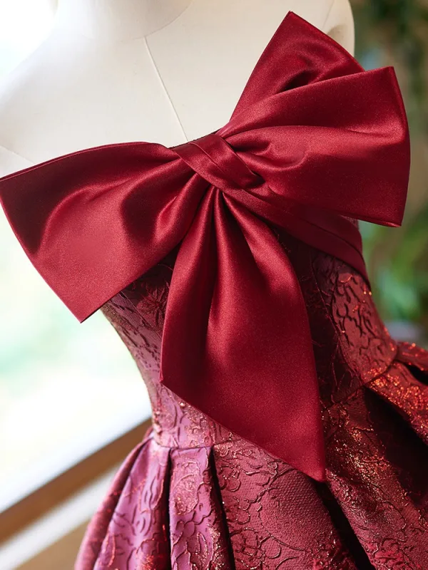 Élégant Bordeaux Impression Robe De Bal 2024 Robe Boule Bustier Noeud Sans Manches Dos Nu Longue Promo Robe De Ceremonie