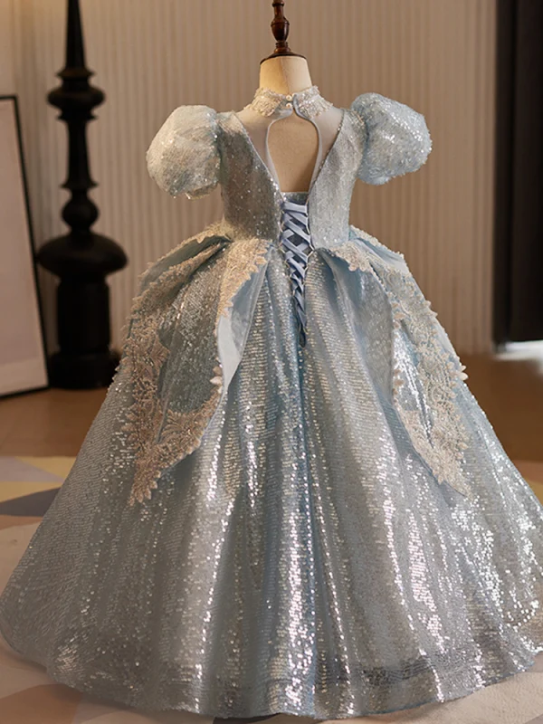 Charming Sparkly Sky Blue Beading Pearl Sequins Flower Girl Dresses 2024 Ball Gown High Neck Short Sleeve Backless Floor-Length / Long Birthday