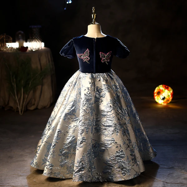 Chic / Beautiful Navy Blue Beading Sequins Birthday Flower Girl Dresses 2022 Ball Gown Scoop Neck Short Sleeve Floor-Length / Long Flower Girl Dresses