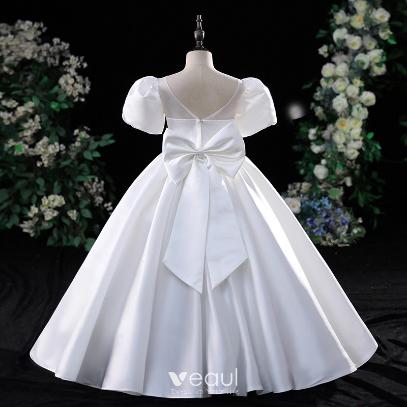 Modest / Simple White Birthday Flower Girl Dresses 2024 Ball Gown Scoop Neck Puffy Short Sleeve Backless Bow Floor-Length / Long Modest / Simple White Birthday Flower Girl Dresses 2024 Ball Gown Scoop Neck Puffy Short Sleeve Backless Bow Floor-Length / Long