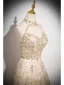 Sparkly Champagne Rhinestone Sequins Prom Dresses 2024 A-Line / Princess High Neck Sleeveless Backless Floor-Length / Long Prom Formal Dresses