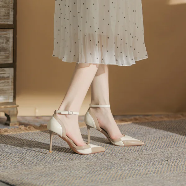 Fashion Two Tone Khaki Street Wear Womens Shoes 2022 8 cm Stiletto Heels Ankle Strap Pointed Toe Womens Shoes High Heels
