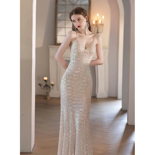 Sexy Glitzernden Gold Pailletten Abendkleider 2023 Meerjungfrau Spaghettiträger Ärmellos Rückenfreies Sweep / Pinsel Zug Abend Festliche Kleider