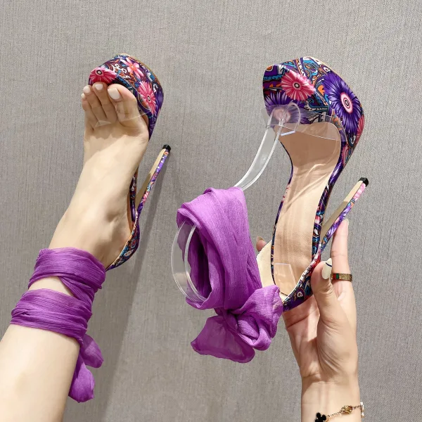 Römisch Schick Violett Sommer Urlaub Sandalen Damen 2022 16 cm Stilettos Knöchelriemen Peeptoes Sandaletten Hochhackige