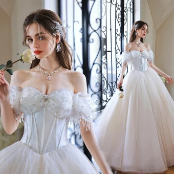 Charming Pearl White Rhinestone Wedding Dresses Prom Dresses 2022 Organza Ball Gown Off The Shoulder Short Sleeve Backless Floor Length Long Wedding