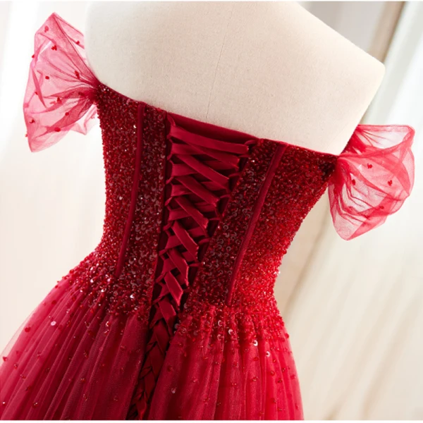 Charming Burgundy Beading Sequins Evening Dresses 2023 A-Line / Princess Off-The-Shoulder Short Sleeve Backless Floor-Length / Long Evening Party Formal Dresses