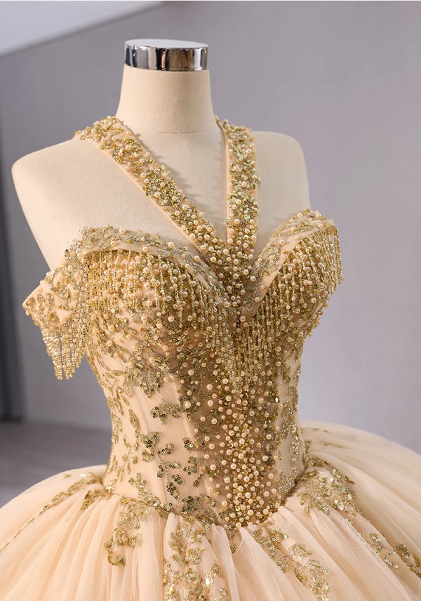 Luxury / Gorgeous Gold Handmade  Beading Sequins Pearl Tassel Prom Dresses 2024 Ball Gown High Neck Sleeveless Chapel Train Prom Formal Dresses