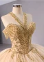 Luxury / Gorgeous Gold Handmade  Beading Sequins Pearl Tassel Prom Dresses 2024 Ball Gown High Neck Sleeveless Chapel Train Prom Formal Dresses