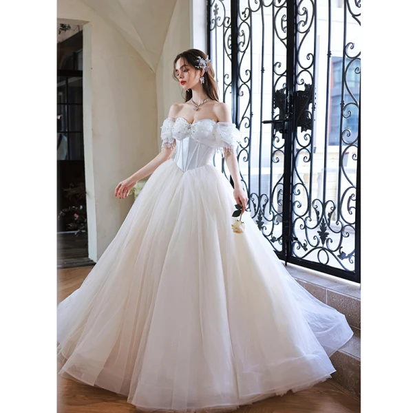 Charming Pearl White Rhinestone Wedding Dresses Prom Dresses 2022 Organza Ball Gown Off-The-Shoulder Short Sleeve Backless Floor-Length / Long Wedding