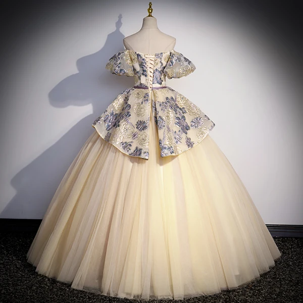 Elegant Champagne Cascading Ruffles Printing Prom Dresses 2023 Ball Gown Off-The-Shoulder Puffy Short Sleeve Backless Floor-Length / Long Prom Formal Dresses