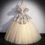 Elegant Champagne Cascading Ruffles Printing Prom Dresses 2023 Ball Gown Off-The-Shoulder Puffy Short Sleeve Backless Floor-Length / Long Prom Formal Dresses