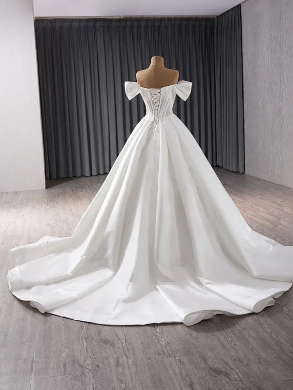 High-end Elegant White Lace Satin Wedding Dresses 2024 Ball Gown Off-The-Shoulder Sleeveless Court Train Prom High-end Elegant White Lace Satin Wedding Dresses 2024 Ball Gown Off-The-Shoulder Sleeveless Court Train Prom