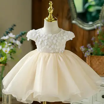 Chic Beautiful Beige Appliques Birthday Flower Girl Dresses 2022 Ball Gown Scoop Neck Short Sleeve Bow Short Flower Girl Dresses