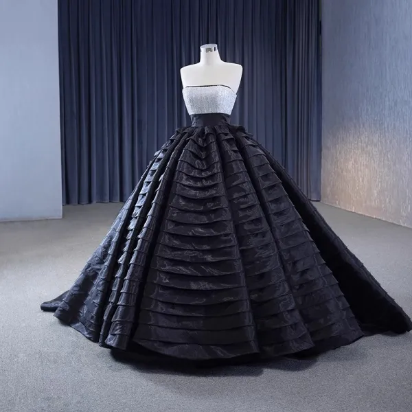 Charmant High End Schwarz Pailletten Fallende Rüsche Ballkleider 2023 Ballkleid Spaghettiträger Ärmellos Rückenfreies Sweep / Pinsel Zug Ball Festliche Kleider