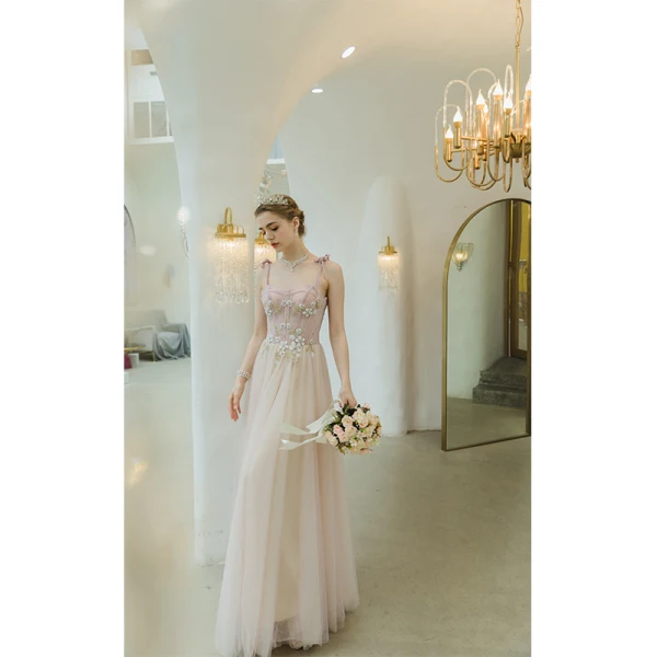 Charming Blushing Pink Evening Dresses 2022 A-Line / Princess Spaghetti Straps Sleeveless Backless Beading Rhinestone Lace Flower Floor-Length / Long Evening Party Formal Dresses
