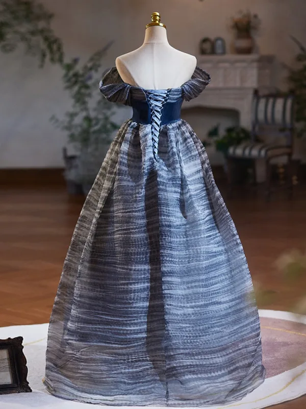 Modest / Simple Ocean Blue Prom Dresses 2024 Ball Gown Off-The-Shoulder Short Sleeve Backless Floor-Length / Long Prom Formal Dresses