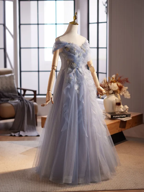 Charming Sky Blue Beading Pearl Sequins Prom Dresses 2025 A-Line / Princess Off-The-Shoulder Sleeveless Backless Floor-Length / Long Formal Dresses