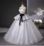 Elegant Grey Bow Sash Printing Prom Dresses 2025 Ball Gown Strapless Sleeveless Backless Floor-Length / Long Prom Formal Dresses