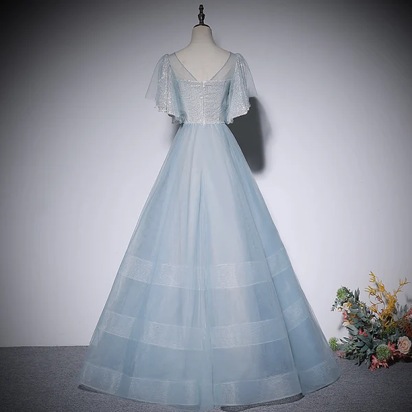 Fashion Sky Blue Sequins Prom Dresses 2022 A-Line / Princess V-Neck Short Sleeve Backless Floor-Length / Long Prom Formal Dresses