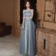 Charming Grey Beading Flower Lace Evening Dresses 2023 A-Line / Princess Off-The-Shoulder Sleeveless Backless Floor-Length / Long Evening Party Formal Dresses