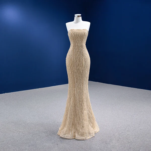 Haut de Gamme Kaki Perlage Paillettes Satin Robe De Soirée 2022 Trompette / Sirène Une épaule Sans Manches Dos Nu Chapel Train Soirée Robe De Ceremonie