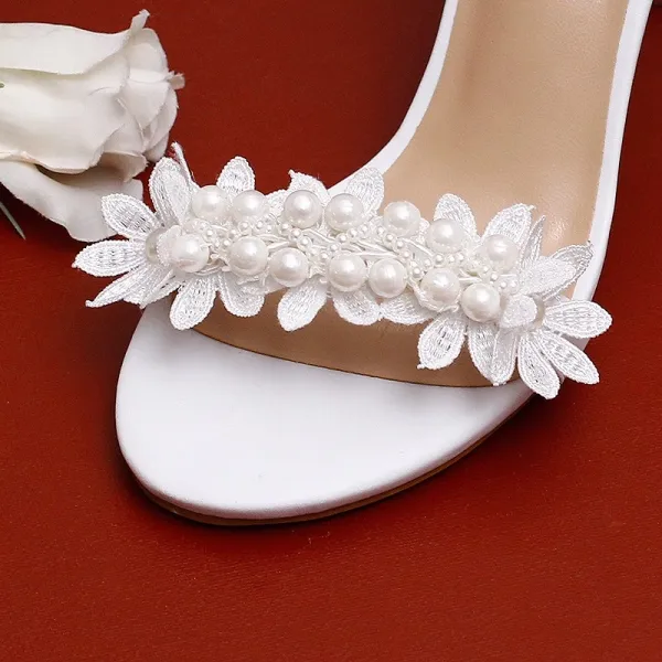 Sexy White Pearl Lace Flower Wedding Shoes 2023 Ankle Strap 9 cm Stiletto Heels Open / Peep Toe Wedding Sandals High Heels