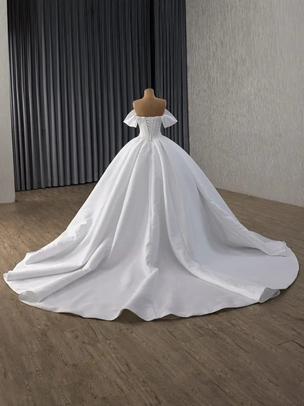High-end Elegant White Pearl Satin Wedding Dresses 2025 Ball Gown Off-The-Shoulder Short Sleeve Backless Chapel Train Wedding
