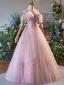 Chic / Beautiful Blushing Pink Bow Prom Dresses 2025 Ball Gown Off-The-Shoulder Short Sleeve Backless Floor-Length / Long Formal Dresses