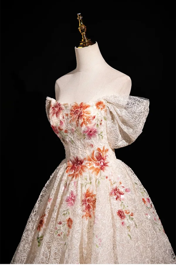 Chic / Belle Champagne Paillettes En Dentelle Fleur Robe De Bal 2025 Princesse De l'épaule Manches Courtes Dos Nu Longue Tulle Robe De Ceremonie
