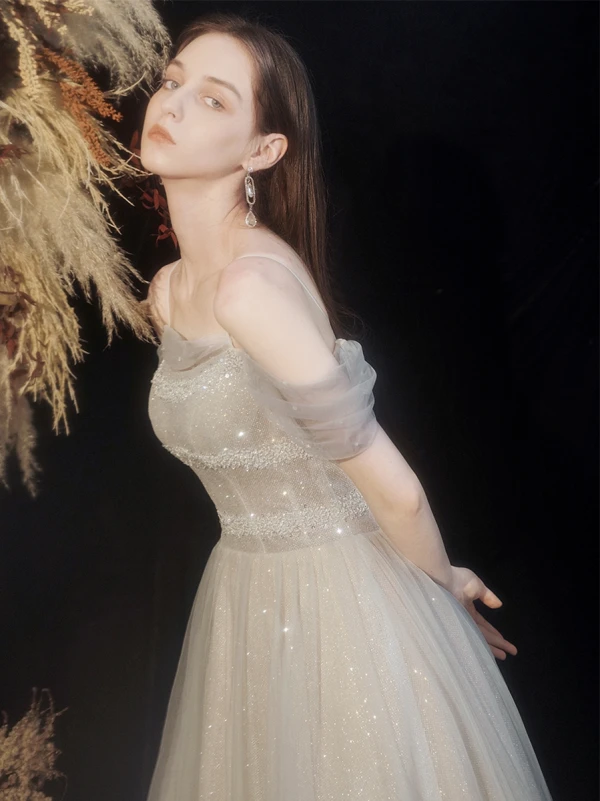 Sparkly Champagne Beading Glitter Prom Dresses 2022 A-Line / Princess Spaghetti Straps Short Sleeve Backless Floor-Length / Long Prom Formal Dresses