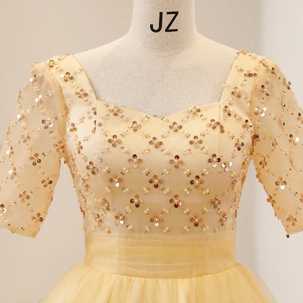 Elegant Yellow Prom Dresses 2022 Ball Gown Square Neckline Pearl Sequins Short Sleeve Backless Floor-Length / Long Prom Formal Dresses