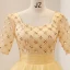 Elegant Yellow Prom Dresses 2022 Ball Gown Square Neckline Pearl Sequins Short Sleeve Backless Floor-Length / Long Prom Formal Dresses