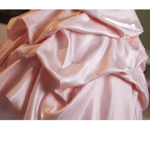 Elegant Candy Pink Pearl Cascading Ruffles Satin Prom Dresses 2026 Ball Gown Strapless Sleeveless Backless Sweep Train Formal Dresses