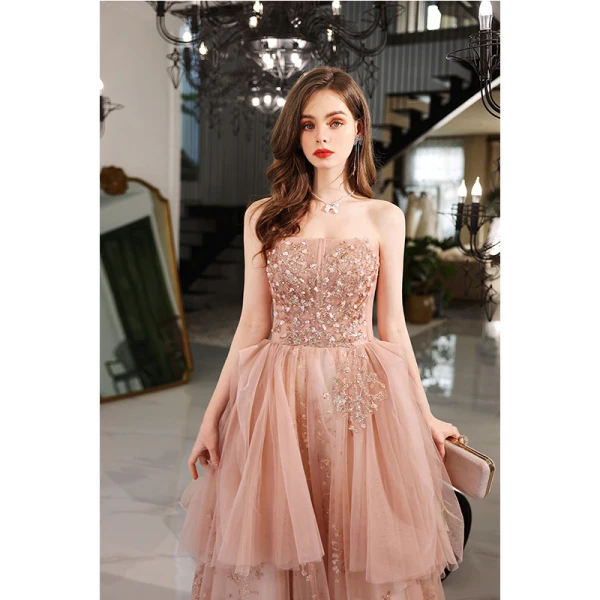 Chic / Belle Rougissant Rose Perlage Perle Paillettes Robe De Bal 2022 Princesse Bustier Sans Manches Dos Nu Longue Robe De Ceremonie