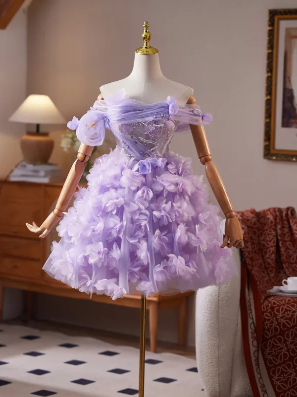 Charmant Lavendel Pailletten Applikationen Kurze Partykleider 2025 Ballkleid Off Shoulder Kurze Ärmel Rückenfreies Festliche Kleider