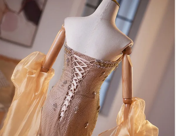 Sexy Champagne Rhinestone Evening Dresses 2025 Trumpet / Mermaid Strapless Sleeveless Backless Floor-Length / Long Evening Party Formal Dresses