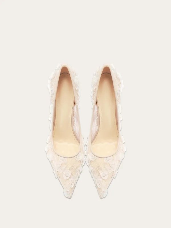 Elegant White Lace Flower Wedding Shoes 2026 Leather 10 cm Stiletto Heels Pointed Toe Wedding High Heels