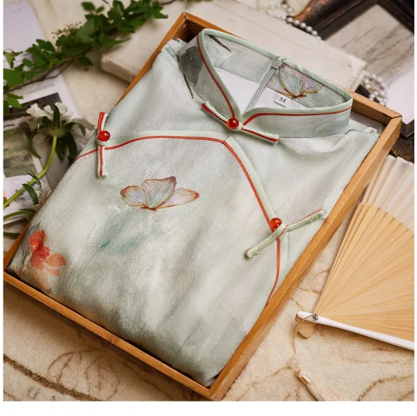 Chinese style Sage Green Butterfly Printing Split Front Cheongsam 2024 Trumpet / Mermaid High Neck Short Sleeve Prom Floor-Length / Long
