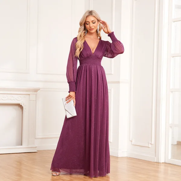 Modest / Simple Fuchsia Glitter Prom Dresses 2024 A-Line / Princess V-Neck Long Sleeve Floor-Length / Long Prom Formal Dresses