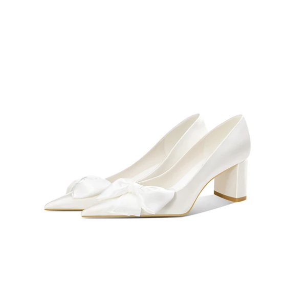 Elegant White Leather Bow Wedding Shoes 2023 Wedding 5 cm Stiletto Heels Pointed Toe Wedding Shoes High Heels