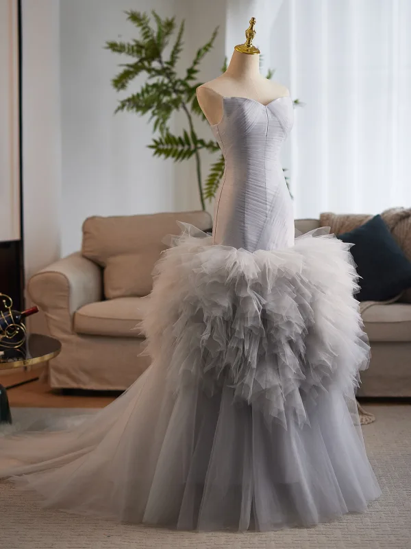 Sexy Grau Rüschen Ballkleider 2025 Meerjungfrau Bandeau Ärmellos Rückenfreies Sweep / Pinsel Zug Ball Festliche Kleider