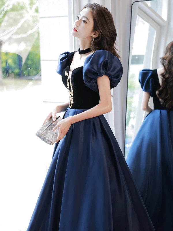 Elegant Navy Blue Satin Prom Dresses 2022 A-Line / Princess Square Neckline Puffy Short Sleeve Backless Floor-Length / Long Formal Dresses