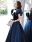 Elegant Navy Blue Satin Prom Dresses 2022 A-Line / Princess Square Neckline Puffy Short Sleeve Backless Floor-Length / Long Formal Dresses