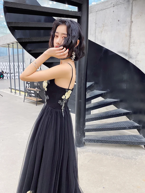 Chic / Beautiful Black Prom Dresses 2022 A-Line / Princess Spaghetti Straps Lace Flower Sleeveless Backless Floor-Length / Long Prom Formal Dresses