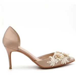 Chic Beautiful Champagne Satin Bridesmaid Womens Shoes 2022 Rhinestone Lace Flower 8 Cm Stiletto Heels Pointed Toe Womens Shoes High Heels