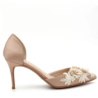 Chic Belle Champagne Satin Demoiselle D Honneur Chaussures Femmes 2022 Faux Diamant En Dentelle Fleur 8 Cm Talons Aiguilles À Bout Pointu Chaussures Femmes Talons Hauts